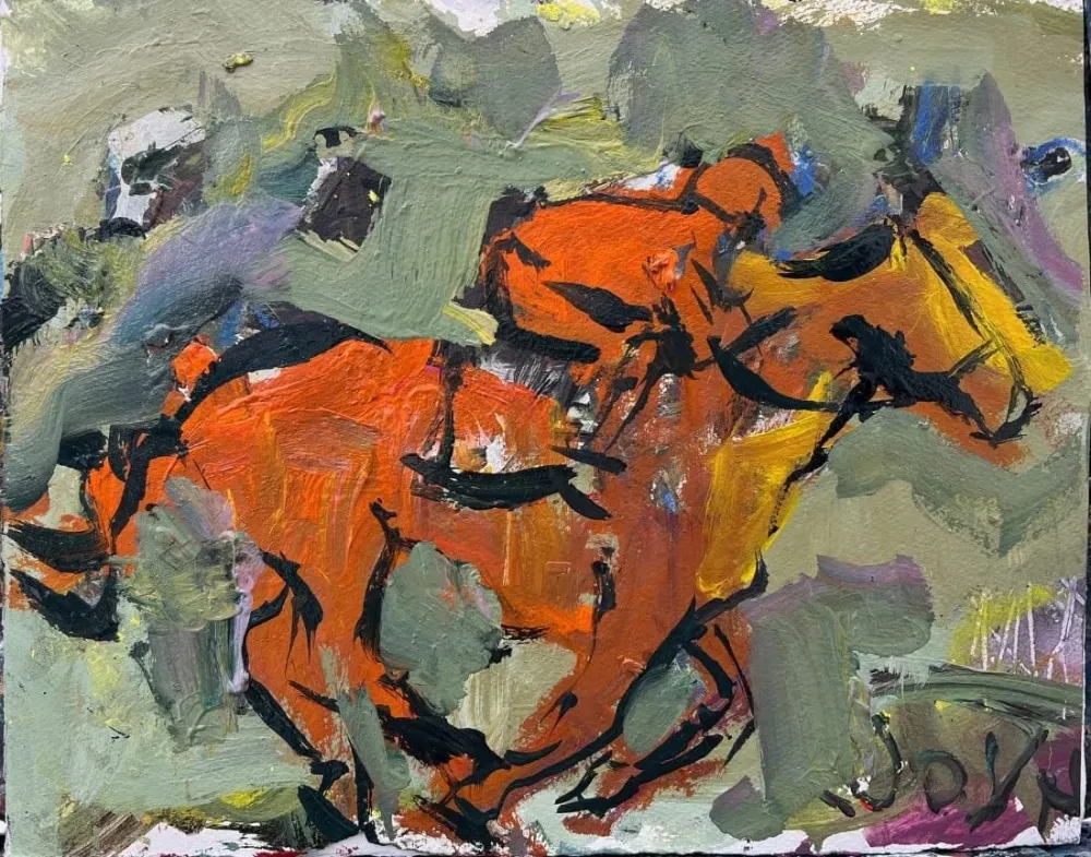 Loose expressive acrylic painting of a horse racing scene with jockeys.