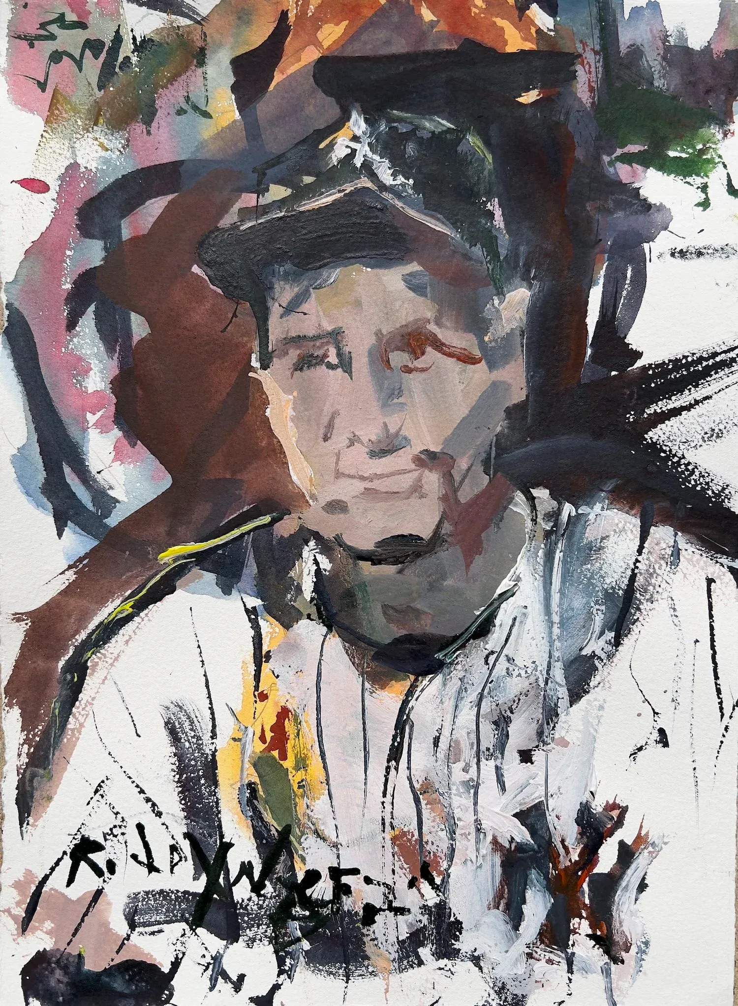 Original mixed media painting of Yankee baseball legend Lou Gehrig