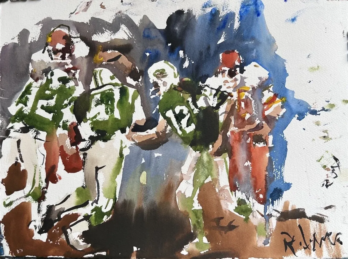 Original watercolor painting depicting Joe Namath and the glory days Jets.