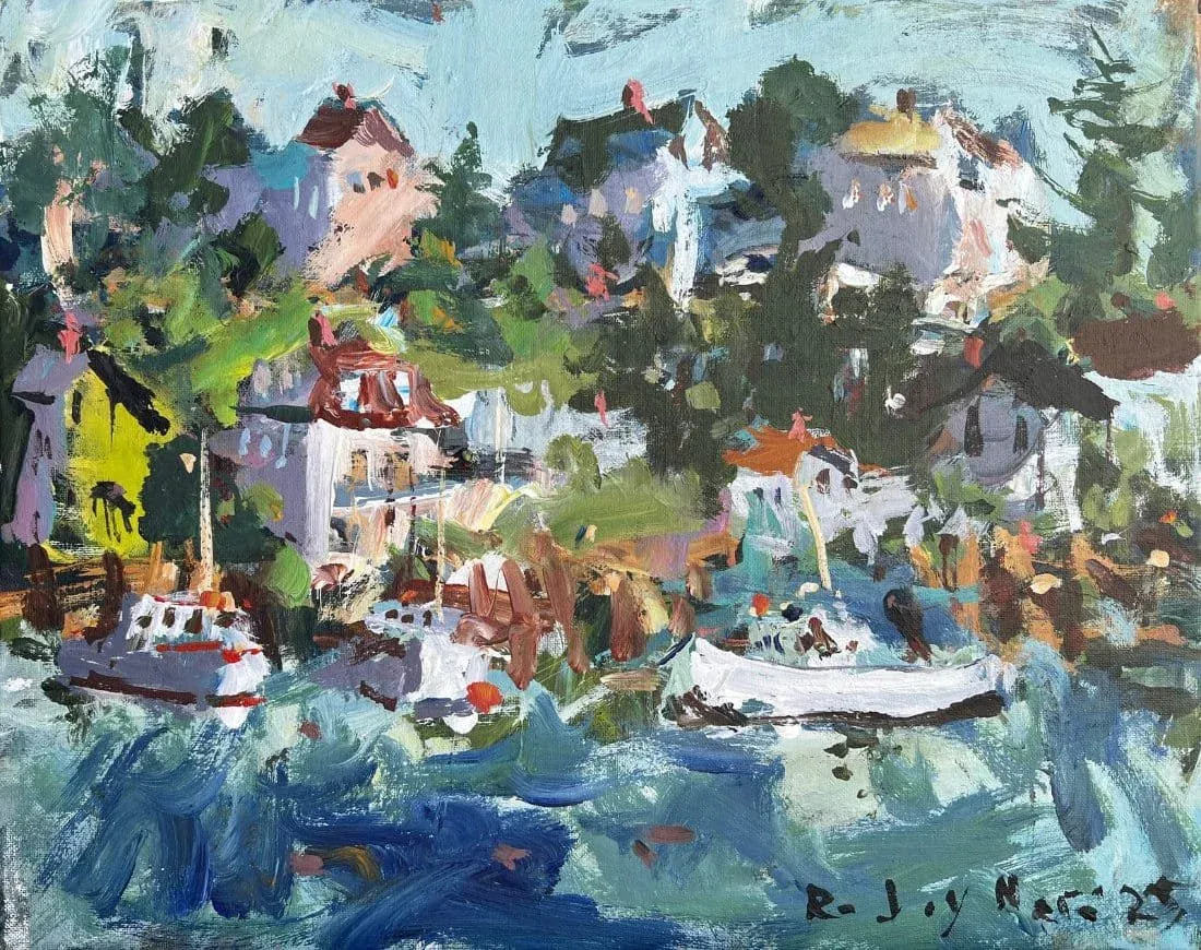 Loose expressive original Maine painting of a fish house with boats and reflections in the water.