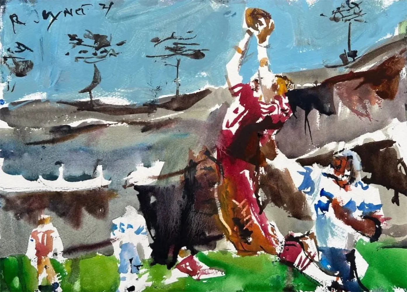 The Catch 49ers Montana to Clark original watercolor painting, 1982 championship moment by Robert Joyner