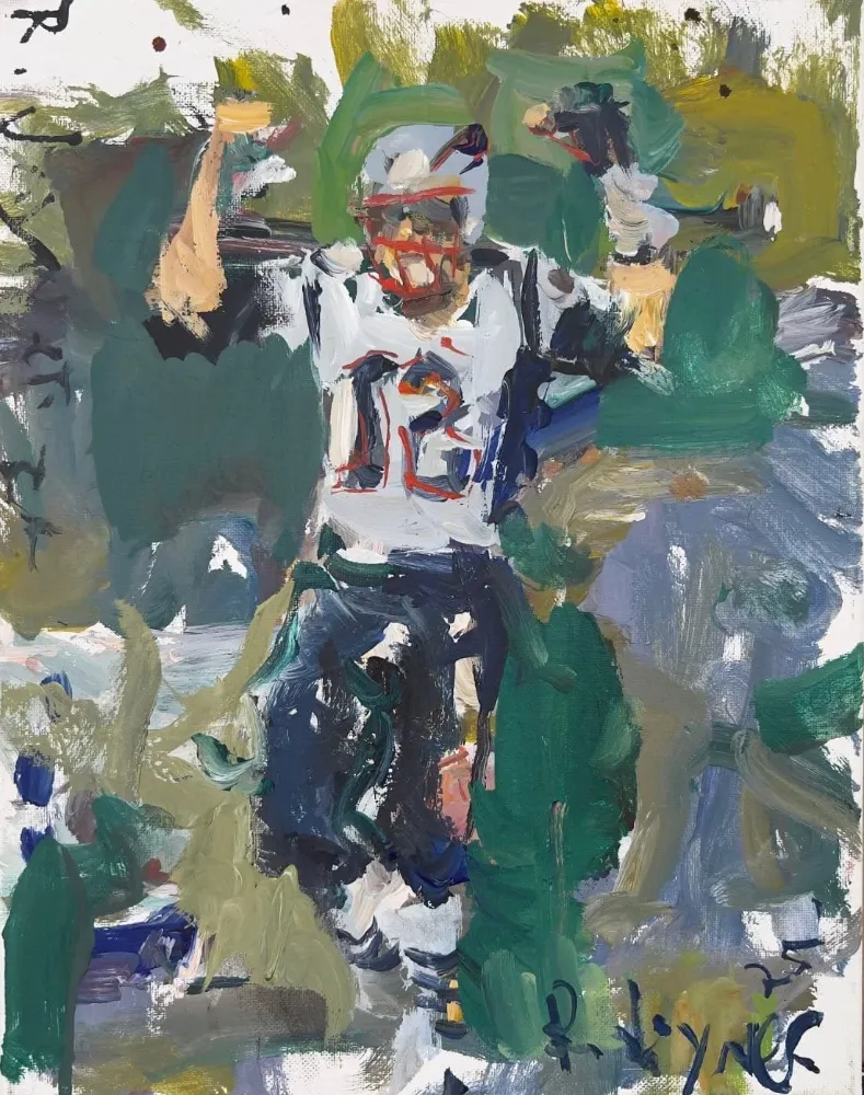 Tom Brady New England Patriots quarterback number 12 original painting, expressive acrylic sports artwork by Robert Joyner