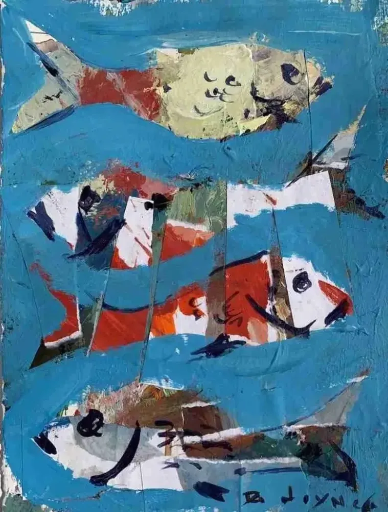 Abstract Fish Painting with Collage Paper and Acrylic by Robert Joyner