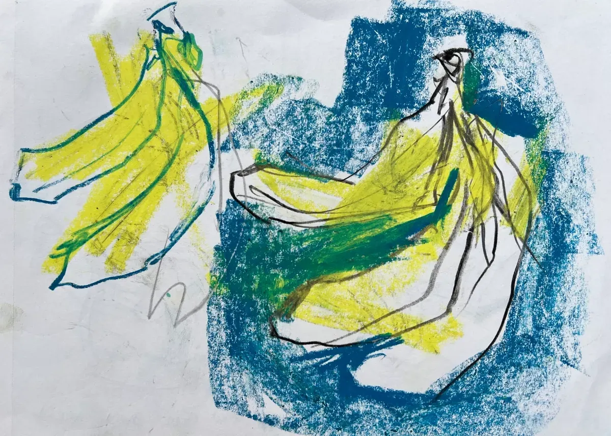 Loose mixed media banana drawing with bright yellow and green crayon, blue background, and black graphite line work.