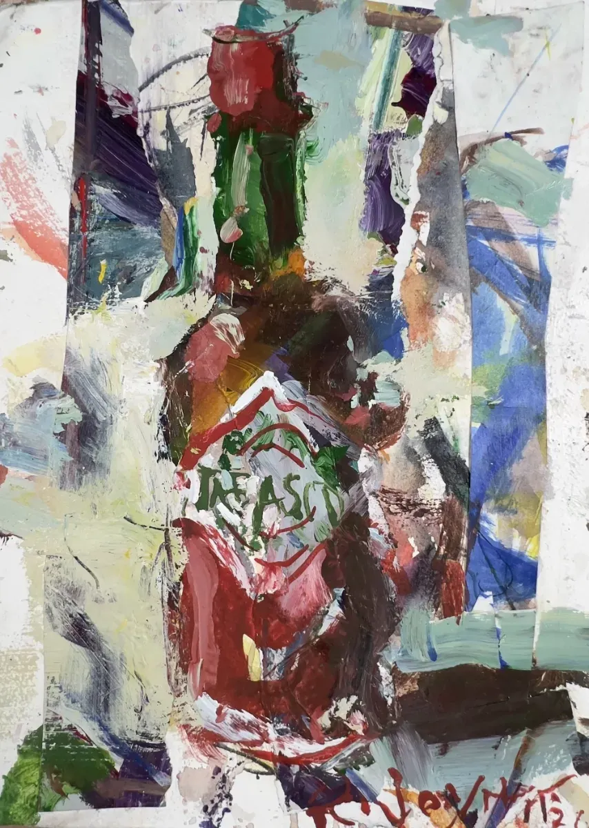 Mixed media and collage painting depicting bottle of tabasco sauce
