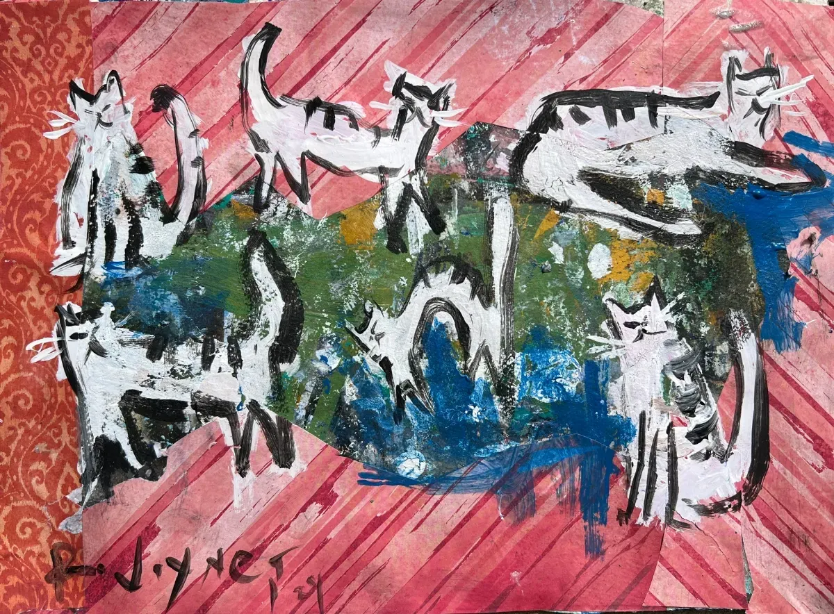 Mixed media painting of loose white and black cat silhouettes over a green and blue collaged center and pink striped paper.