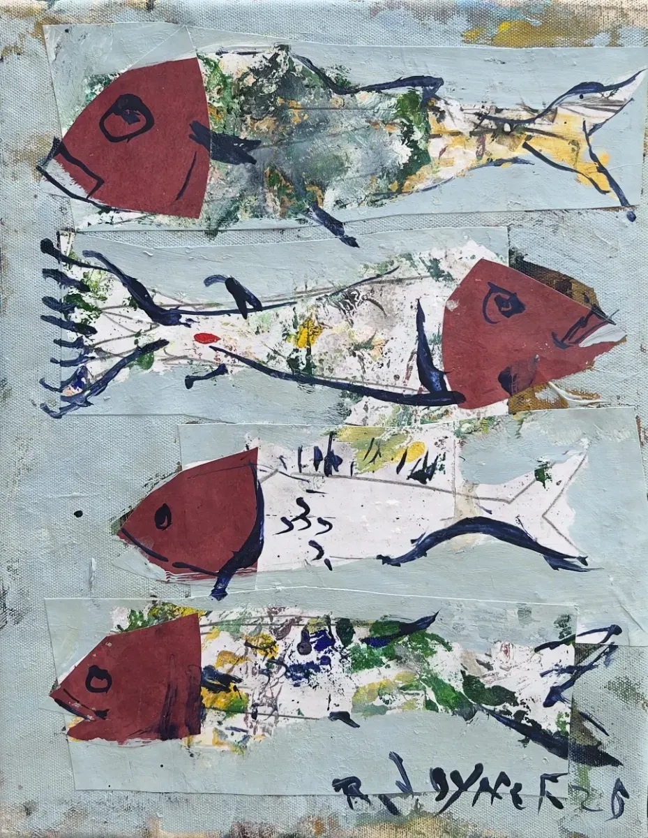 Mixed media fish painting with collage