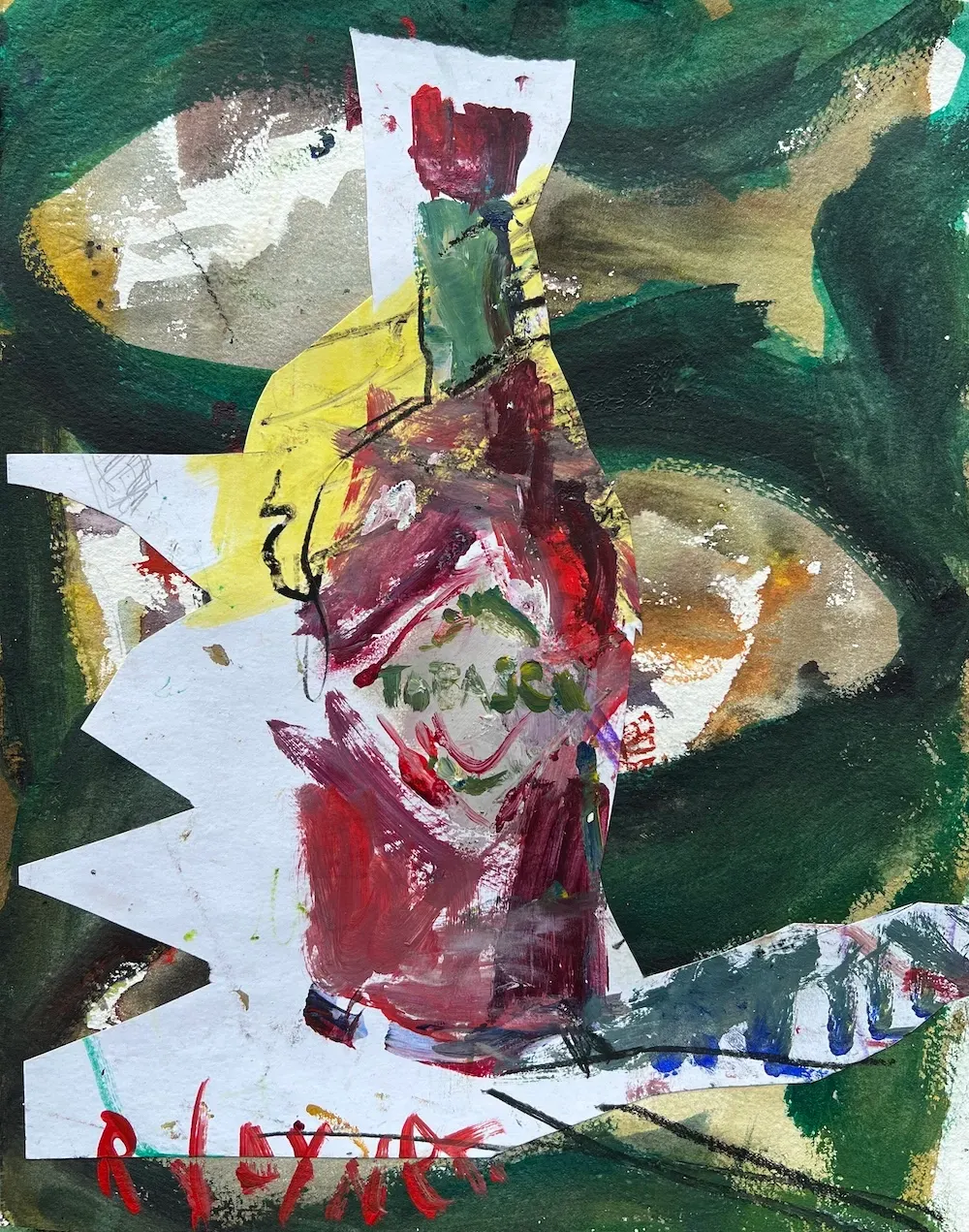 Mixed media collage of a red bottle painted on jagged-cut white paper, layered over a dark green and gold watercolor background.
