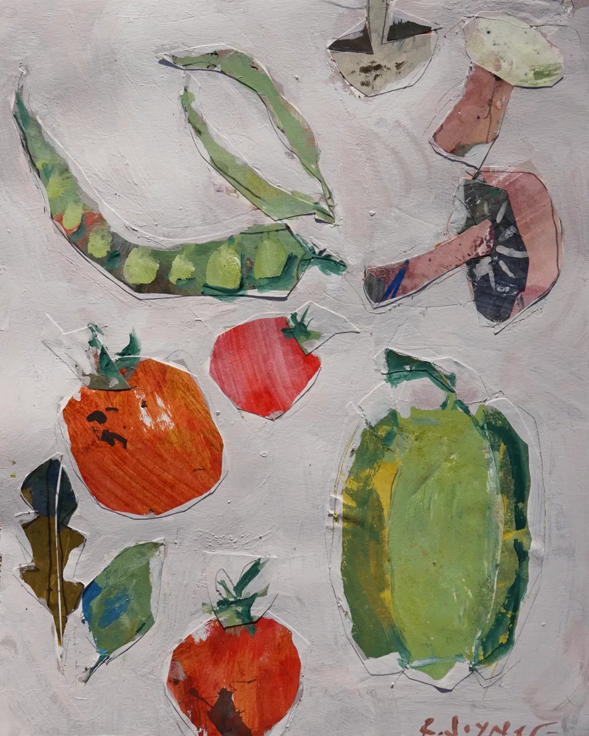 Collage of tomatoes, pea pods, mushrooms, and green vegetables cut from handmade paper on a light gray painted background.