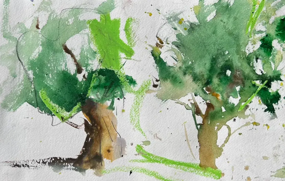 Loose experimental watercolor trees with green washes, brown trunks, lime green crayon marks, and graphite lines on cold press paper.