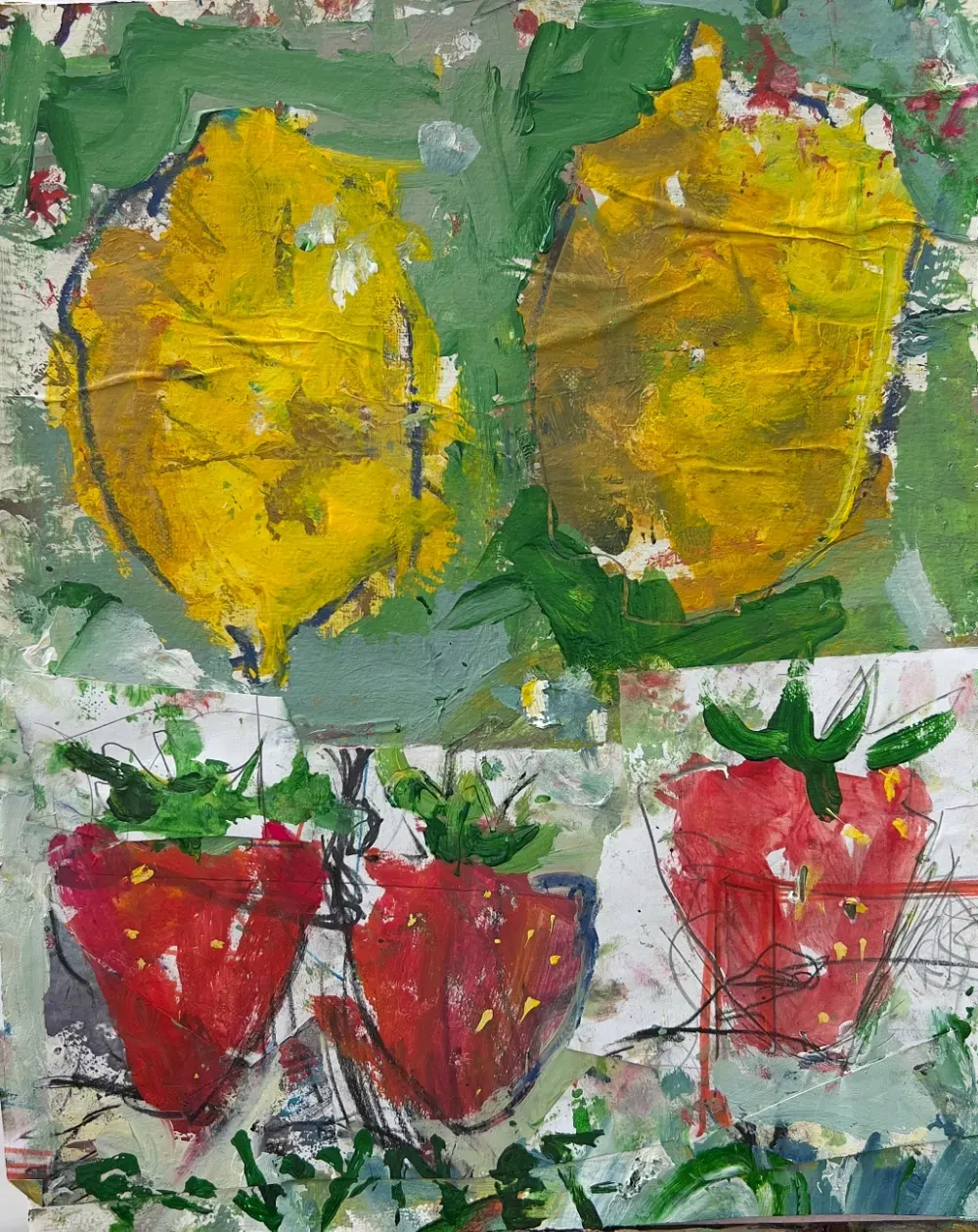Mixed media collage painting of two large yellow lemons on a green background above three red strawberries on white collage paper.