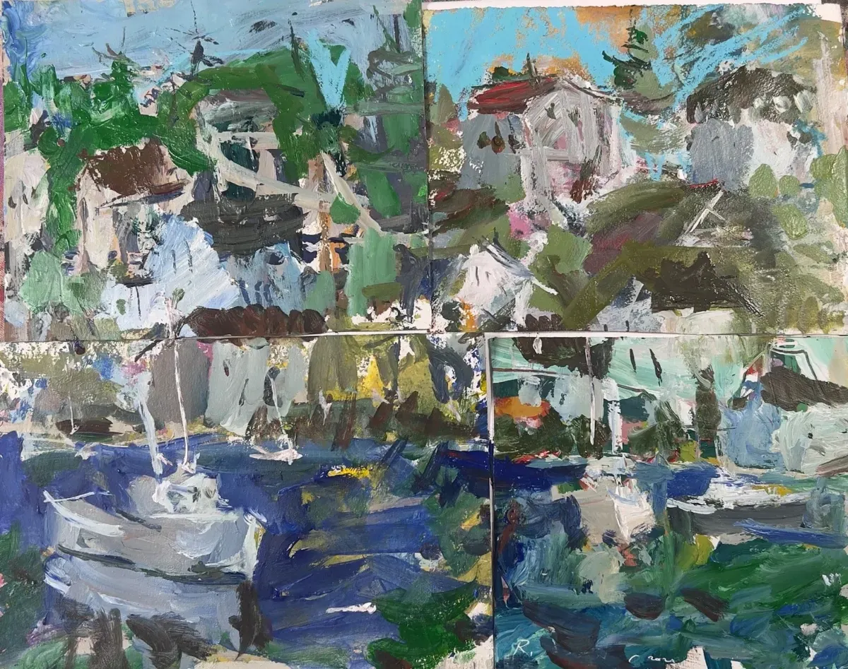 Mixed media landscape painting using four individually painted sections