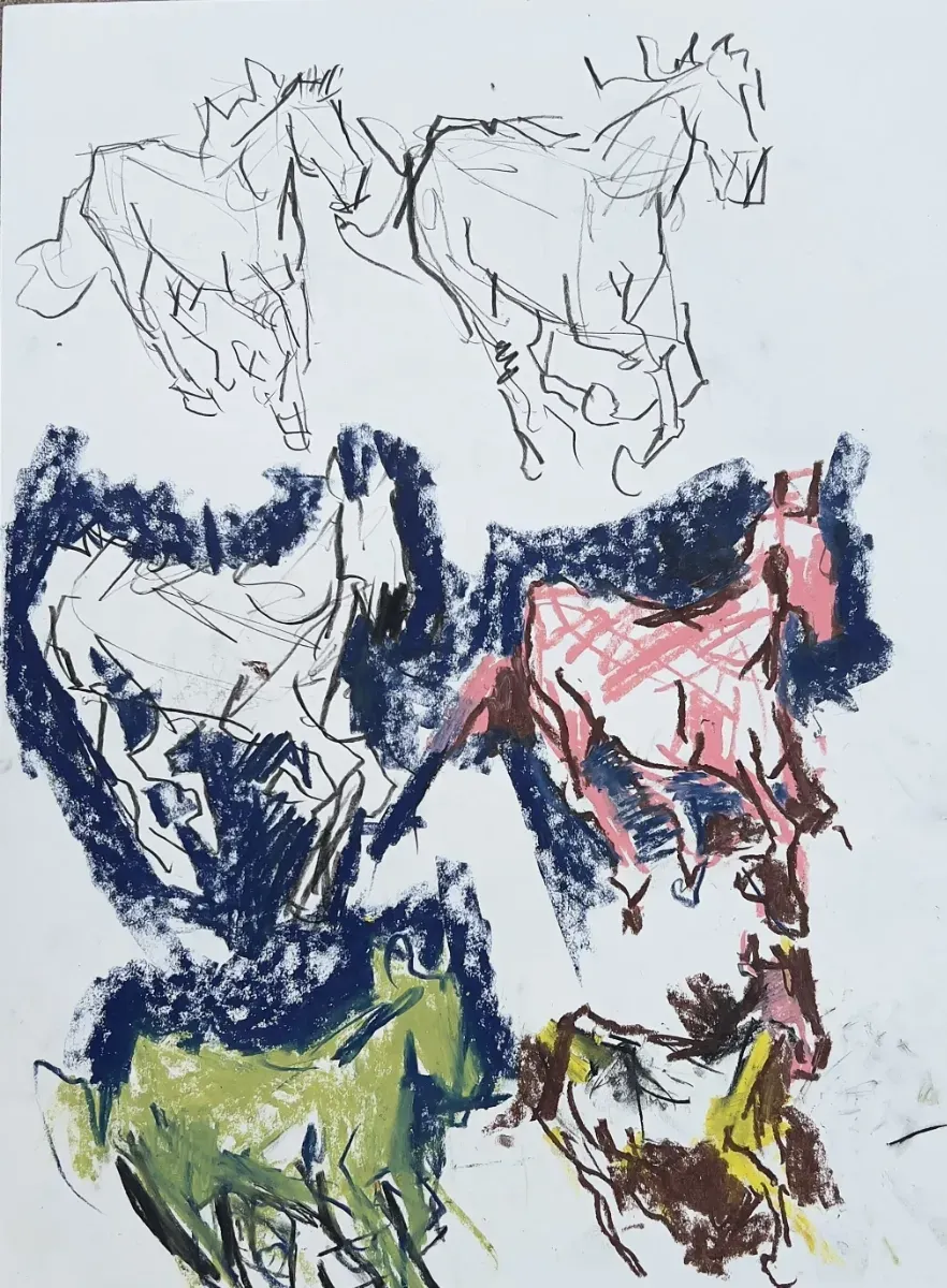 Expressive horse drawing studies with angular black lines and bold blue, pink, green, and yellow crayon marks.