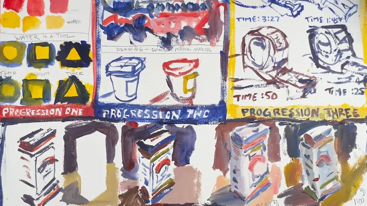 Acrylic painting progression studies by Robert Joyner featuring colorful brushwork, simplified shapes, timed sketches, and expressive painting exercises.