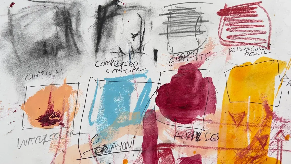 Loose mixed media art studies by Robert Joyner featuring charcoal, graphite, colored pencil, watercolor, acrylic paint, and expressive experimental mark-making.