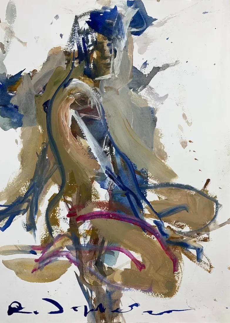 Loose abstract figure painting of a seated person using expressive blue, brown, gray, and pink brushstrokes on white paper.