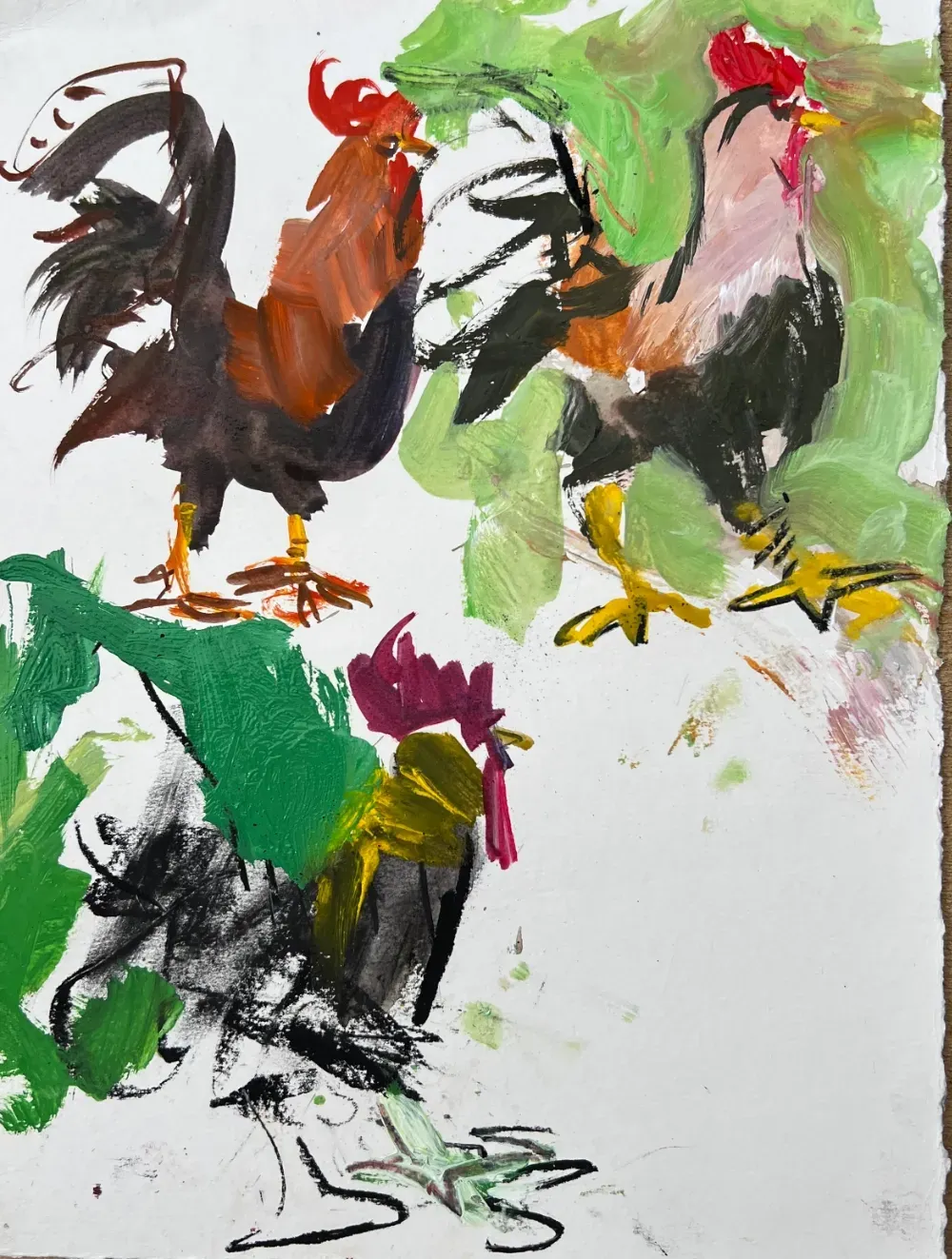 Three loose acrylic and charcoal rooster studies on white paper, moving from a more representational rooster to looser, more abstract versions with bright green backgrounds.