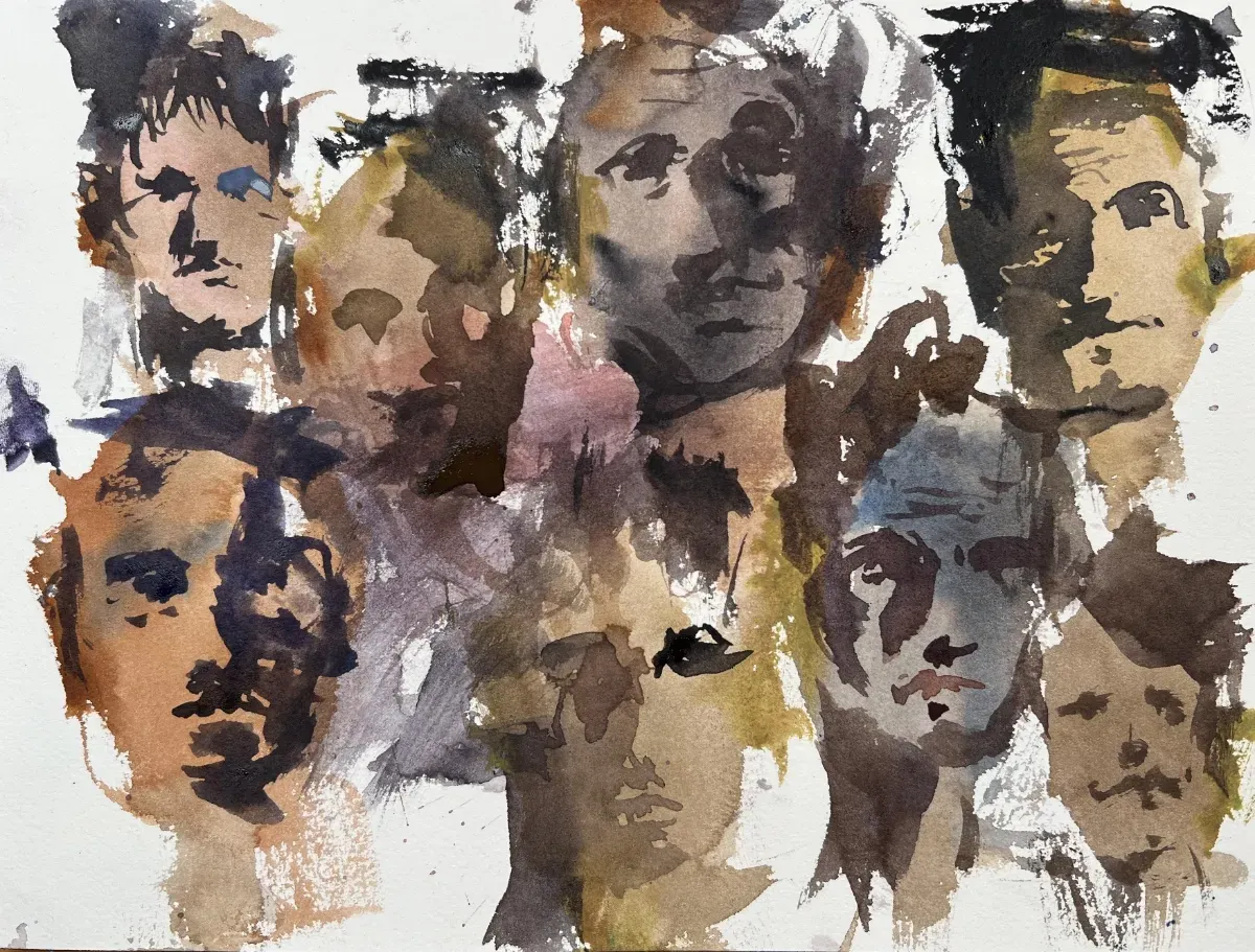 Expressive watercolor face studies with loose washes of yellow, pink, blue, and brown, dark shadow shapes, and textured brushwork.