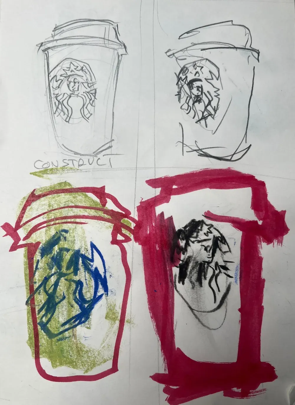 Four drawings of a coffee cup, two careful pencil sketches on top and two loose versions in pink marker, green crayon, blue crayon, and charcoal below.