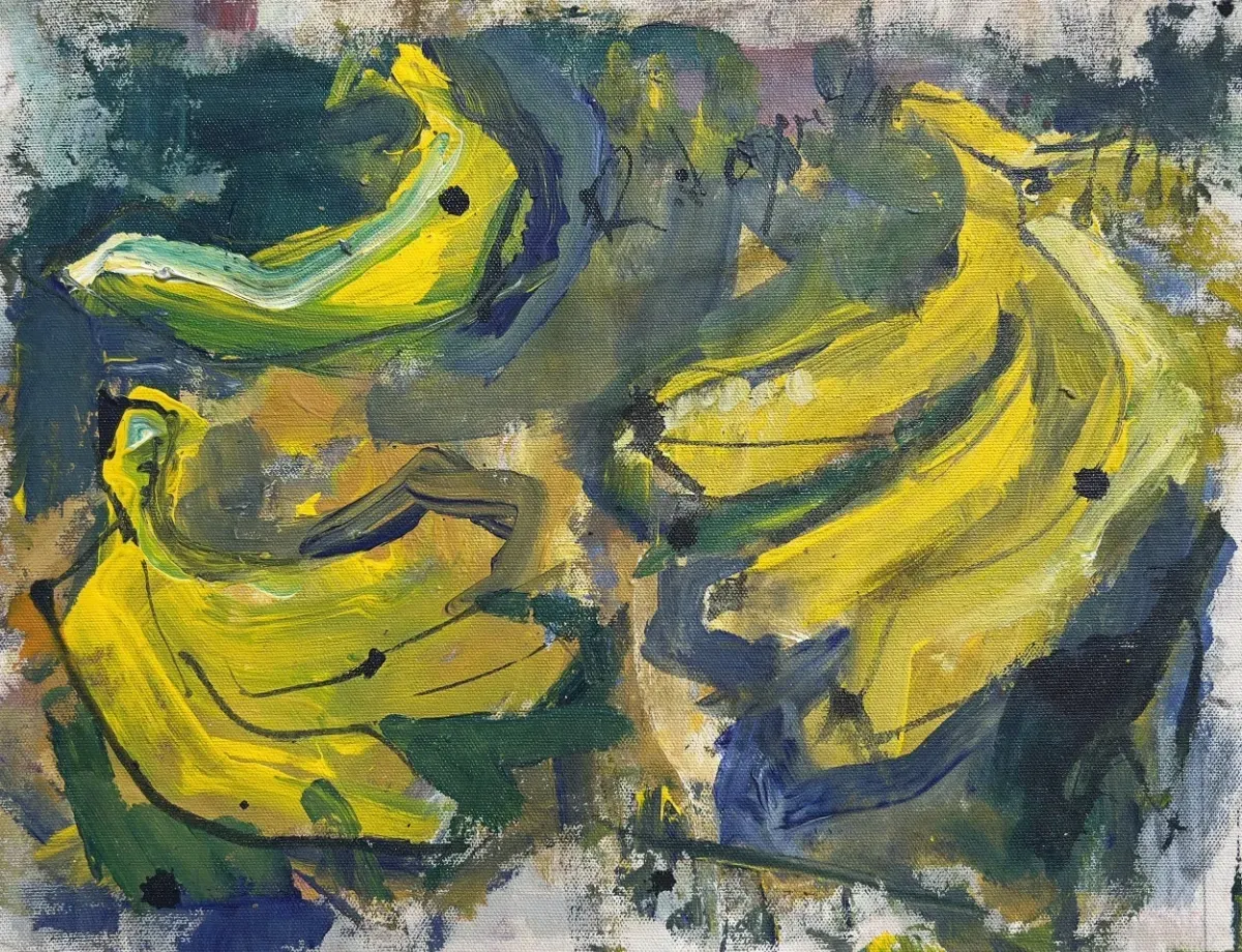 Banana painting on canvas created with mixed media