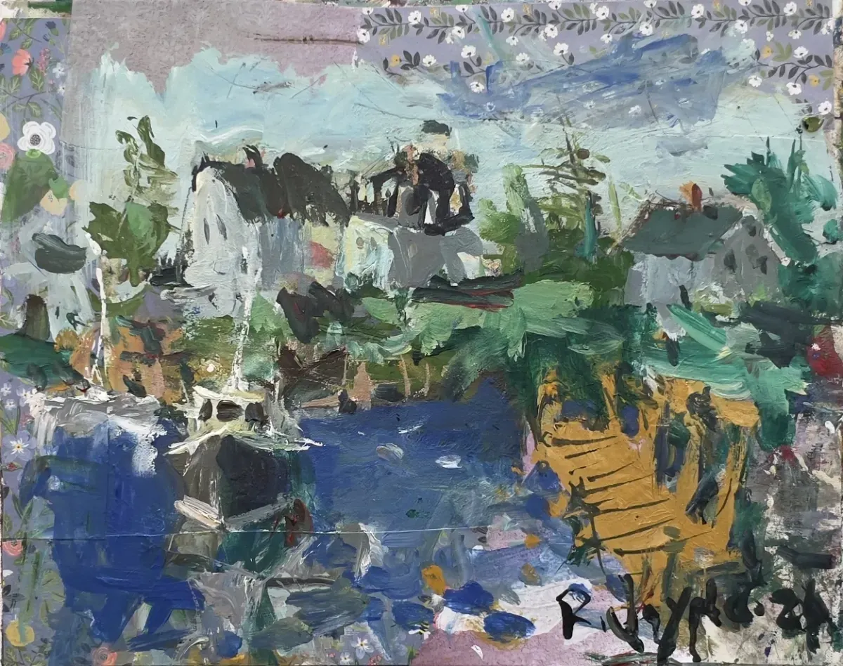 Loose mixed media harbor painting with a fishing boat, waterfront buildings, blue water, a yellow foreground pier, and floral collage borders.