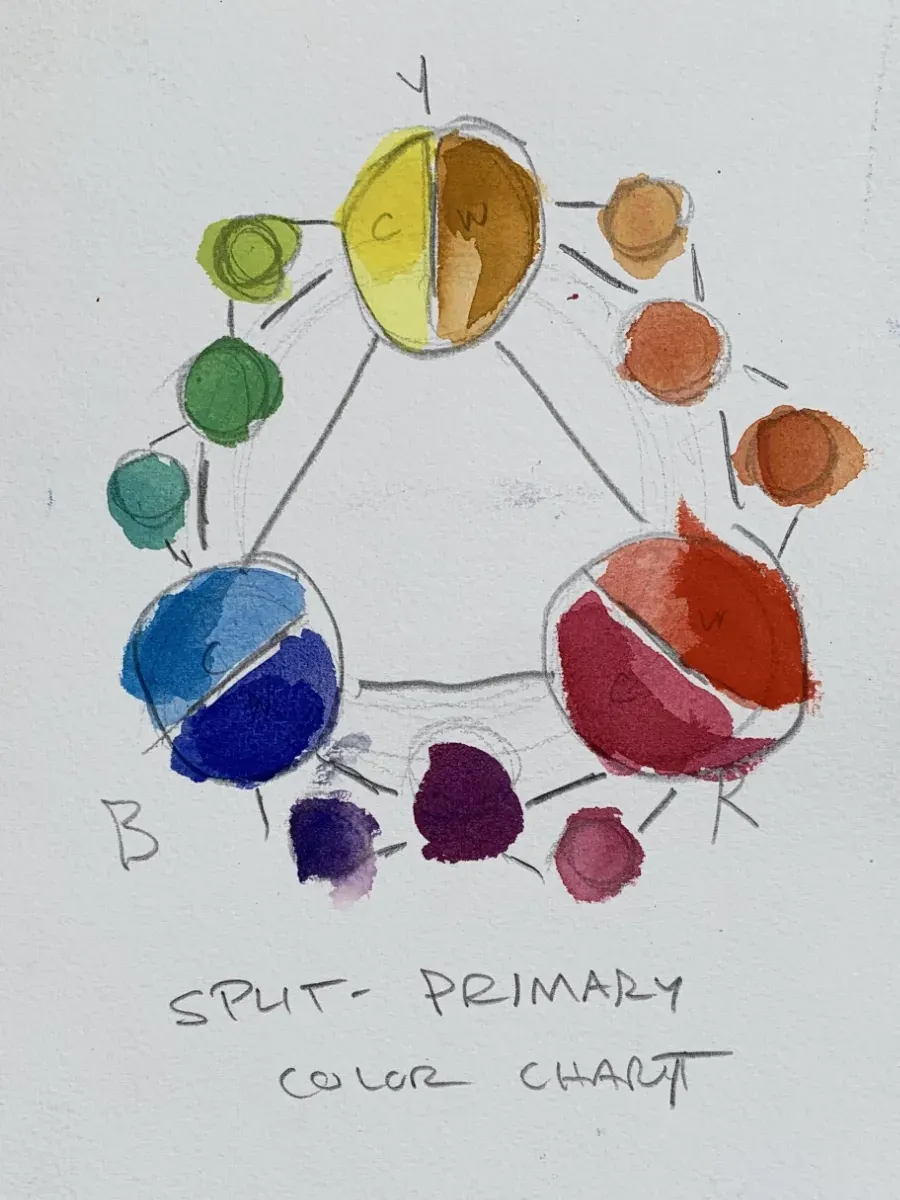 Split-primary watercolor color wheel with warm and cool yellow, red, and blue, plus mixed oranges, greens, and violets.