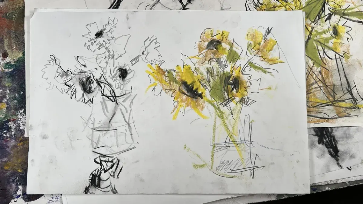 Loose Sunflower Drawing created with mixed media