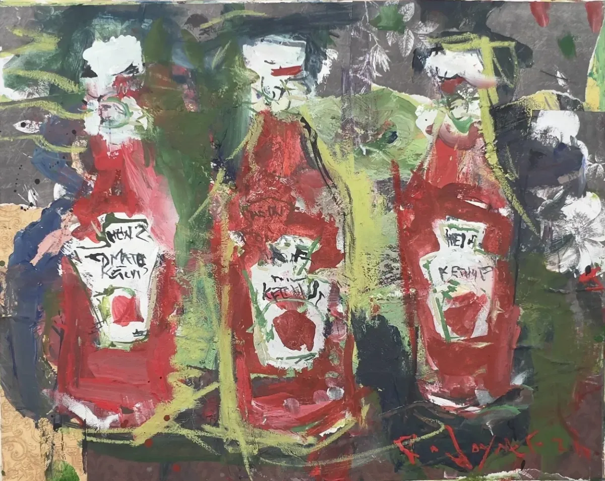Mixed media ketchup bottle painting