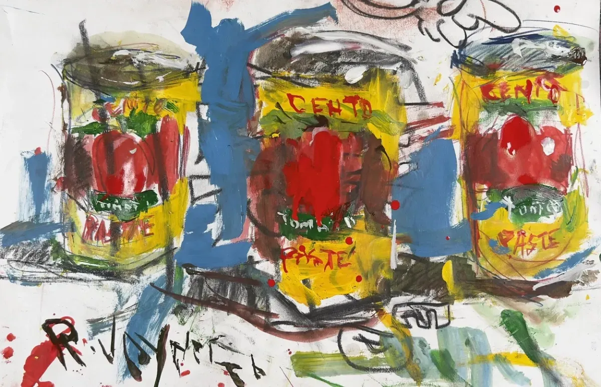 Three Tomato Paste Cans created with mixed media