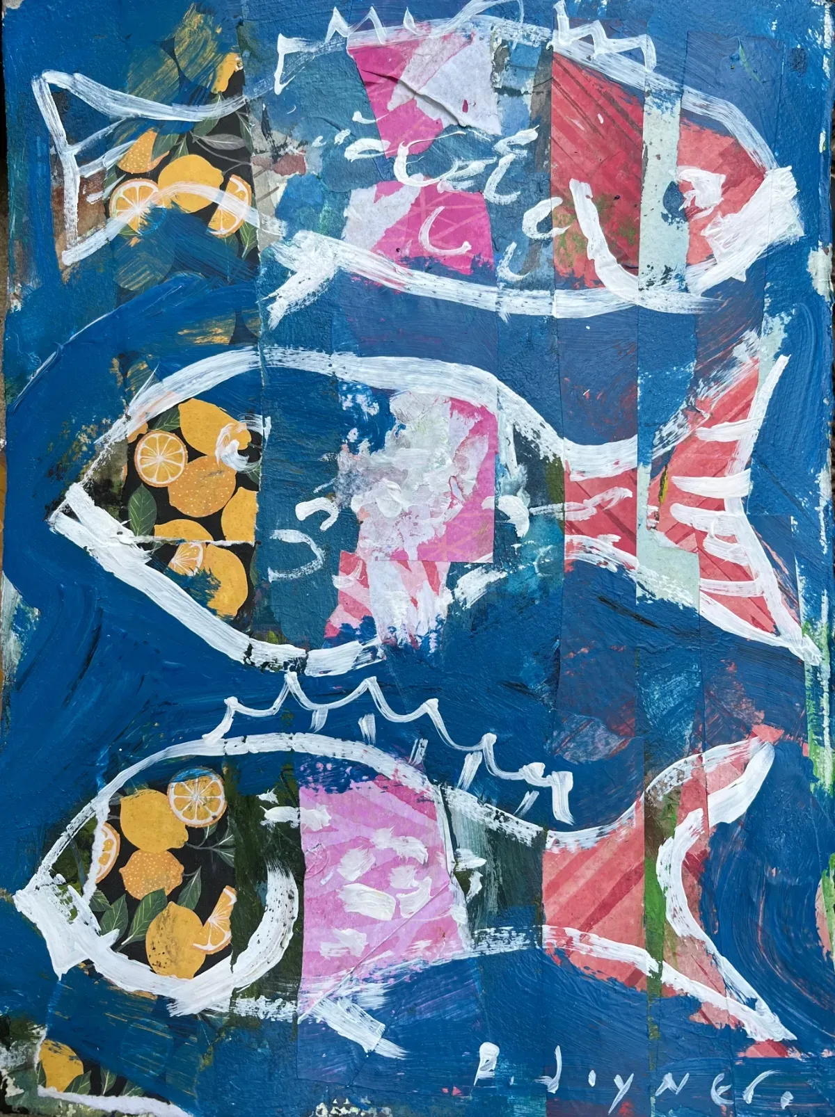 Mixed media collage over a rejected painting, with white-outlined fish shapes on deep blue paint and pink, red, and lemon-print paper.