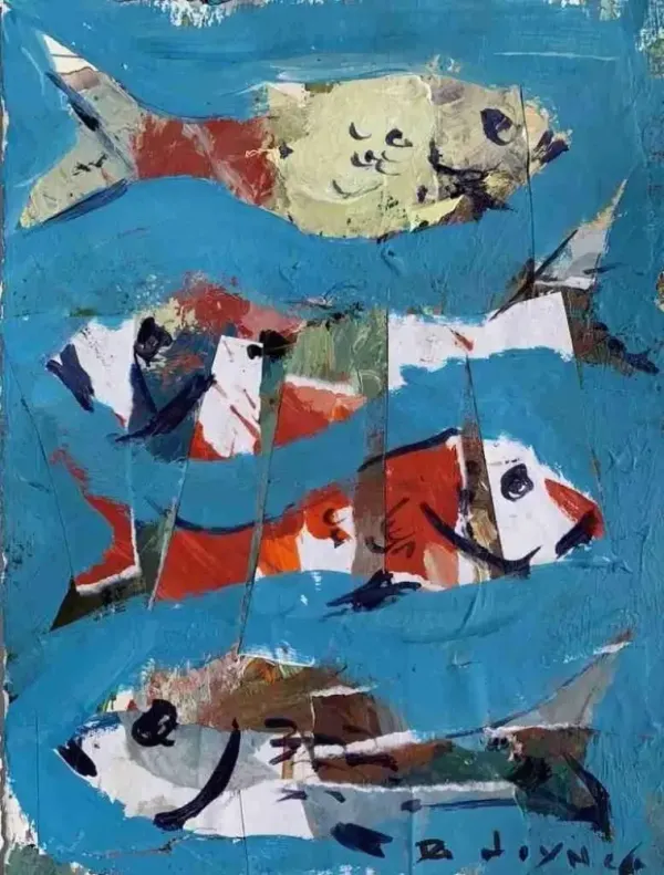 Abstract Fish Painting with Collage Paper and Acrylic by Robert Joyner