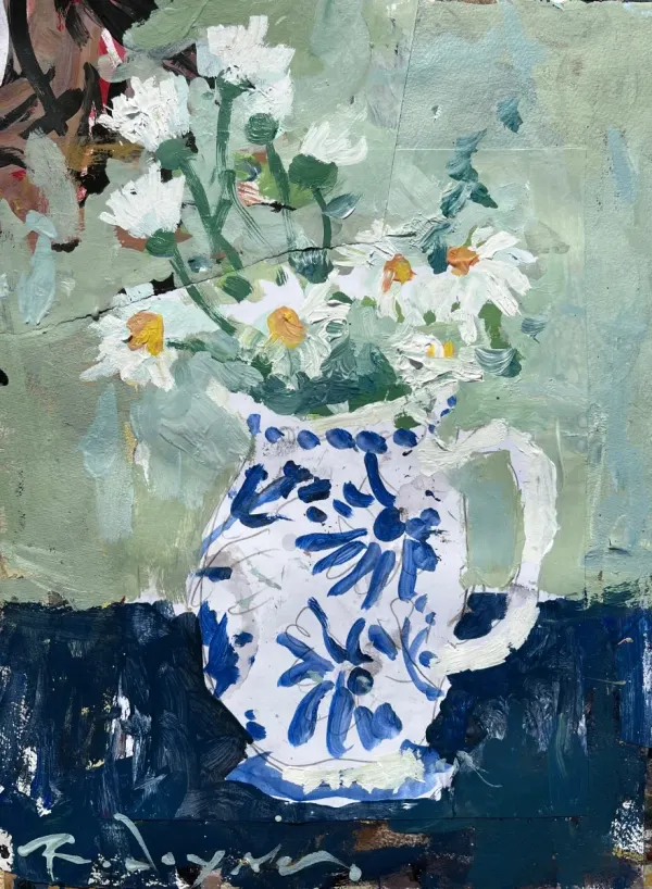 Collage & Acrylic Still Life Painting with flowers in white vase