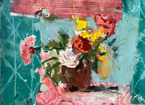 Mixed media flower painting in a vase with a teal patterned paper collage border and pink and red paper at the top and bottom.