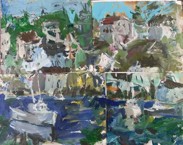 Mixed media landscape painting using four individually painted sections