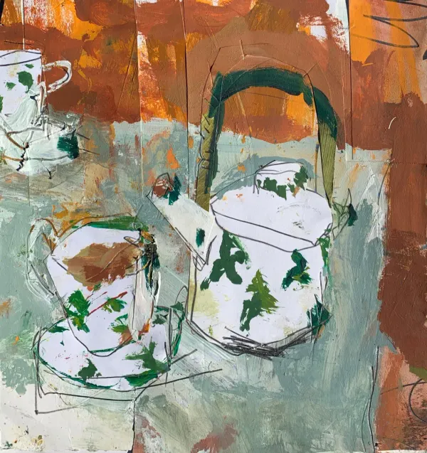Mixed media still life of a white kettle and cups made from handmade collage paper, with an orange-brown background and sage green tabletop.
