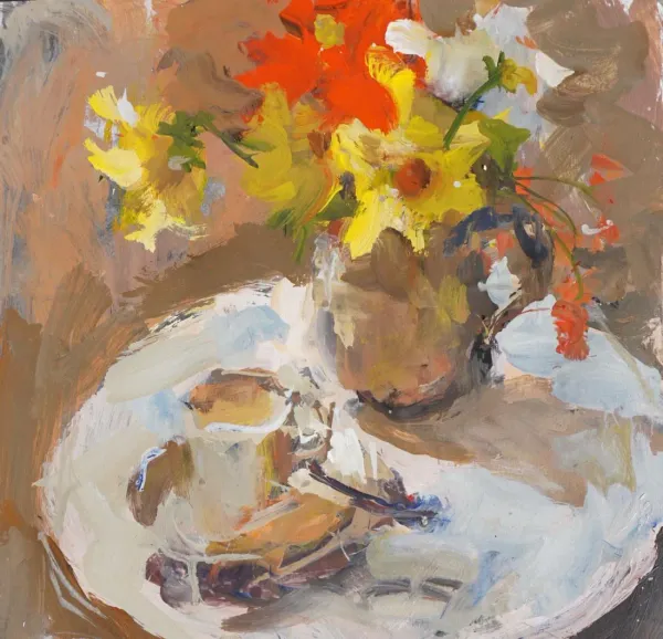 Loose acrylic still life of yellow and orange flowers in a vase on a round table with a saucer and coffee cup.
