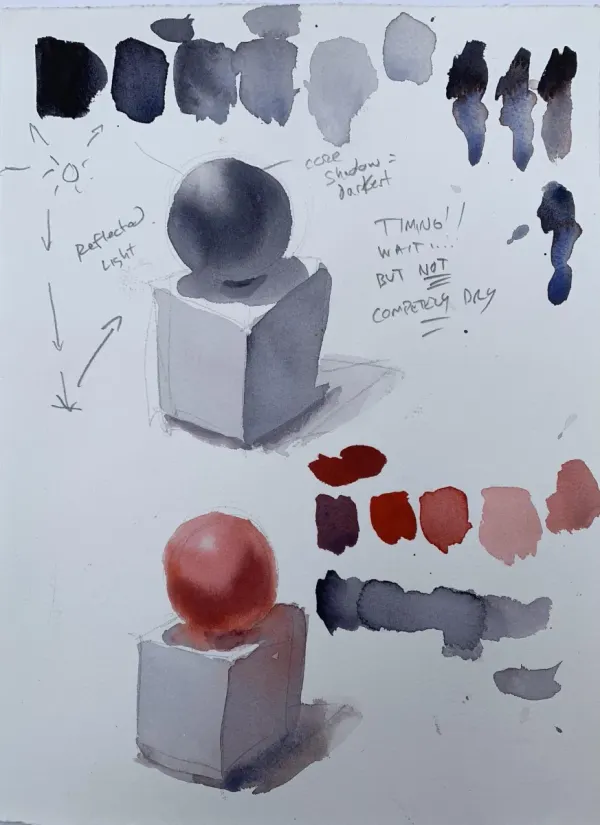 Watercolor shading studies of gray and red spheres resting on cubes, with value swatches and handwritten notes on light and shadow.