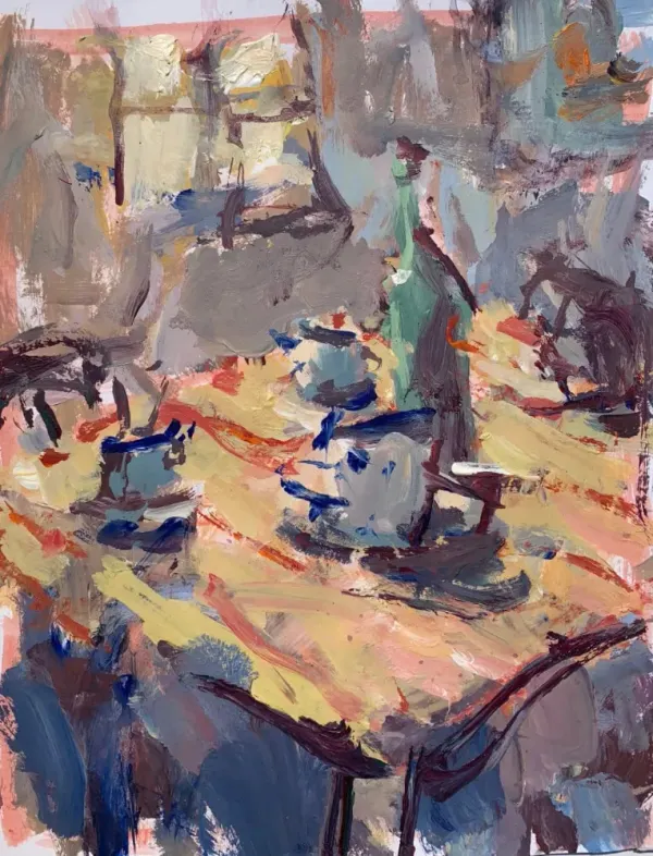 Loose acrylic interior still life painting featuring a table, chairs, cups, bottles, and colorful expressive brushstrokes.