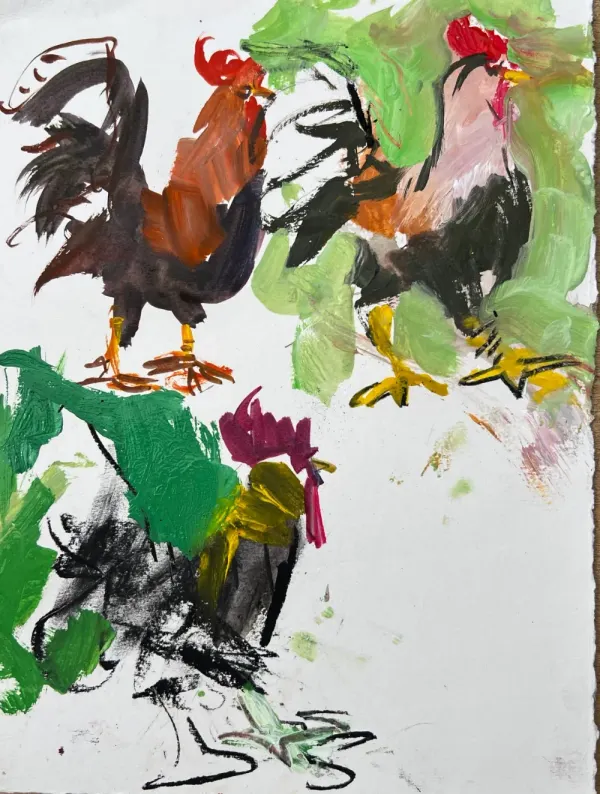 Three loose acrylic and charcoal rooster studies on white paper, moving from a more representational rooster to looser, more abstract versions with bright green backgrounds.