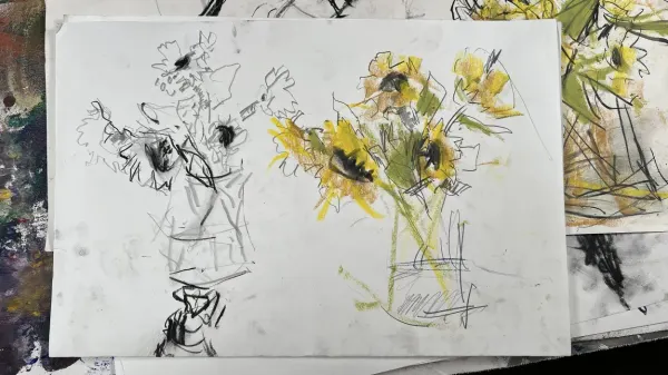Loose Sunflower Drawing created with mixed media