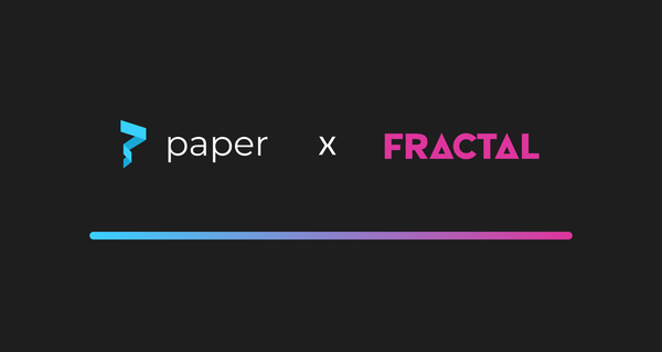 Paper logo and "Paper" spelled out in white X Fractal logo as text spelled out in pink