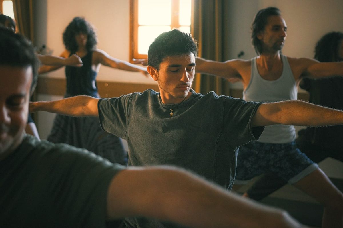 People in a warm, sunlit hall holding a standing yoga pose with arms outstretched, eyes closed