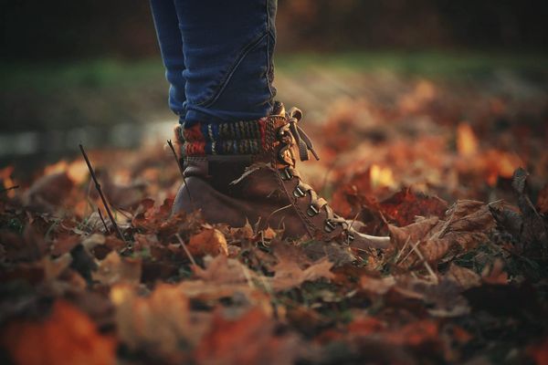 Boots and jeans standing amid rich brown and orange fallen autumn leaves