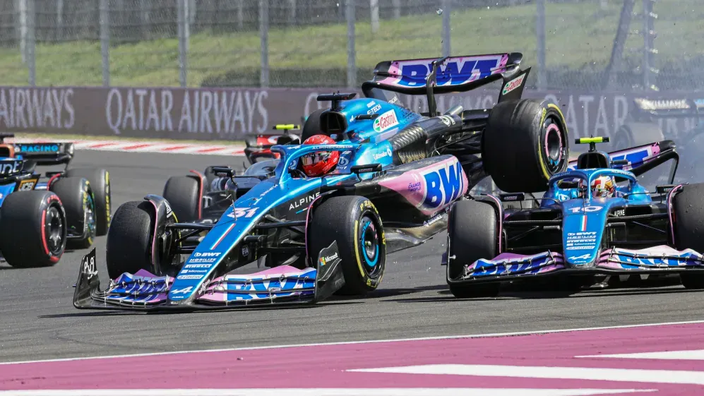 Esteban Ocon and Pierre Gasly colliding at the 2023 Hungarian GP