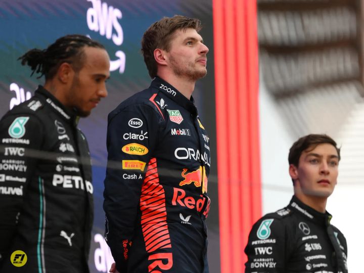 Lewis Hamilton, Max Verstappen and George Russell in the podium of the 2023 Spanish Grand Prix-Red Bull Content Pool 