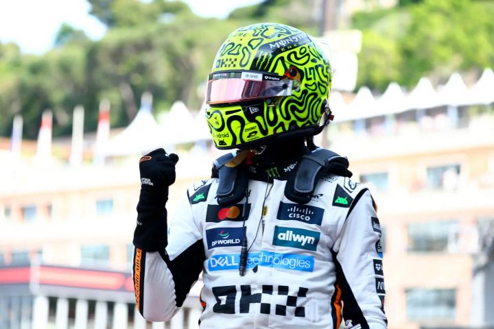 Lando Norris celebrating his Pole Position at the 2025 Monaco GP-Mclaren