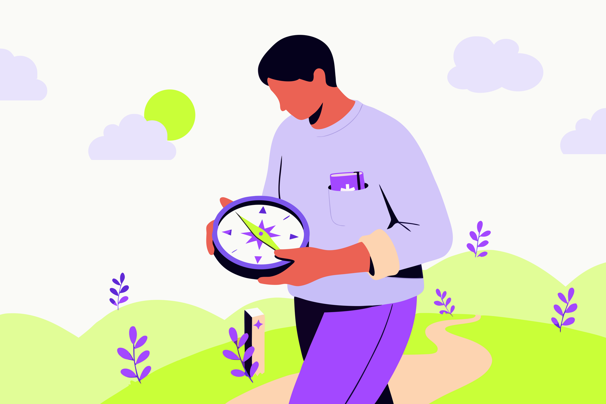 A person stands in rolling green hills holding a compass, reading the needle as a path winds into the distance.