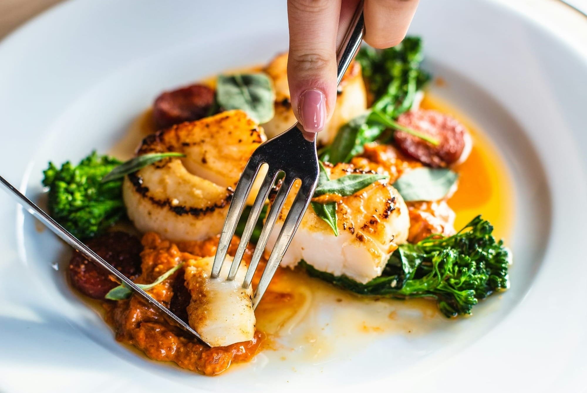 Eating seared scallops with vegetables on a plate