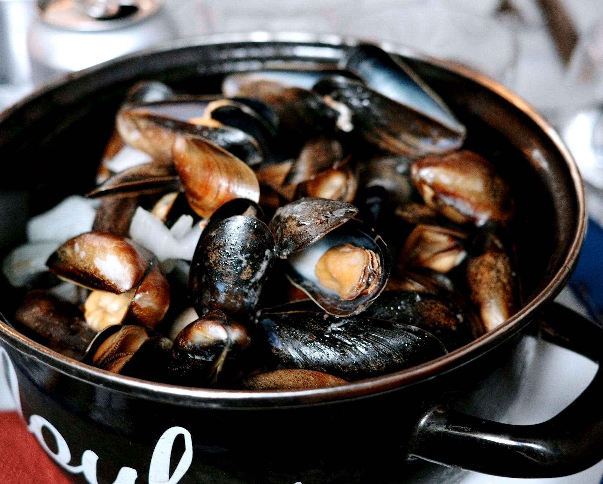 A pot of steamed mussels