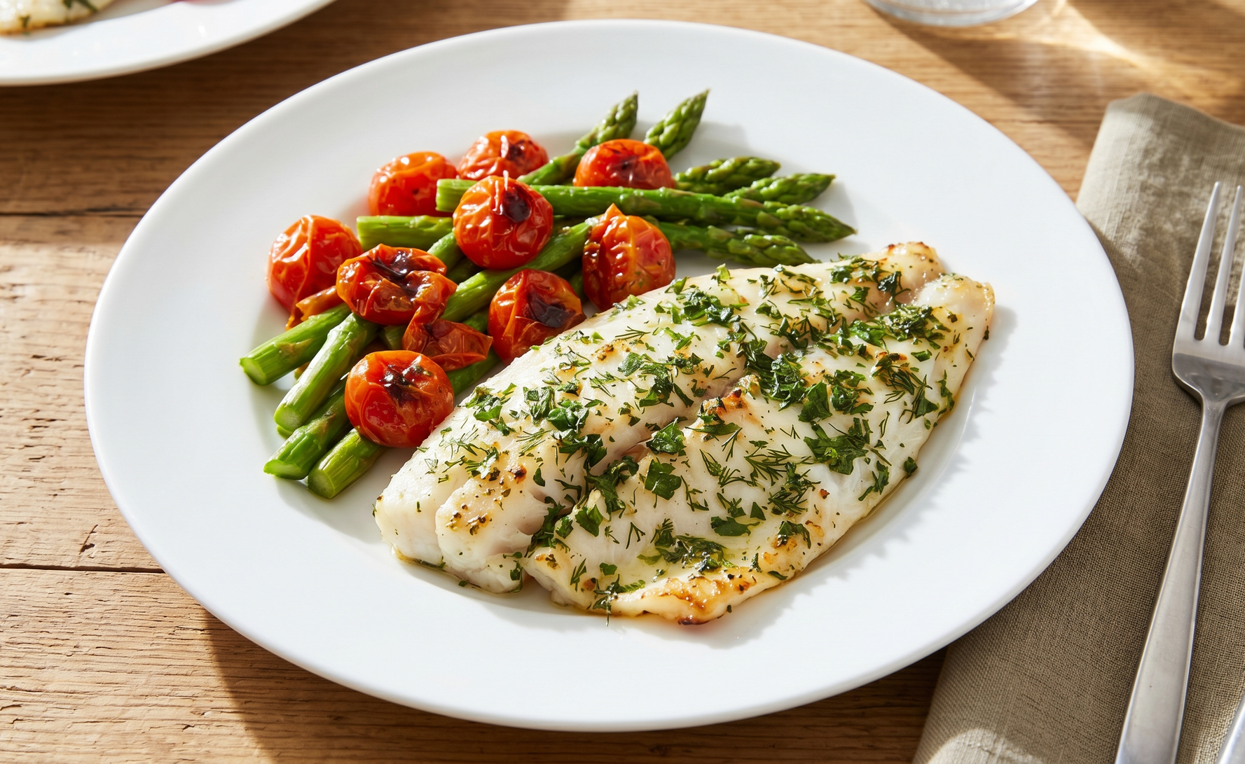 A beautifully plated dish of broiled tilapia topped with finely cut parsley, accompanied by a side of colorful roasted vegetables, showcasing a delicious, health-focused, home-cooked meal.